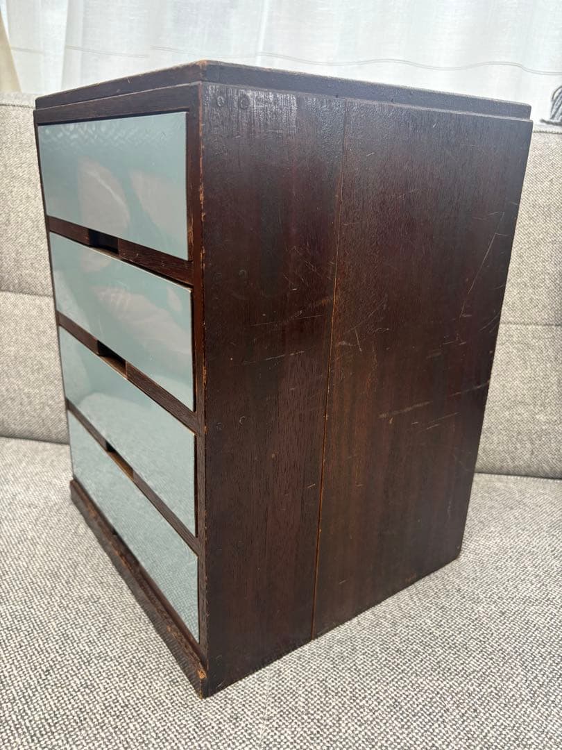 アンティーク 木製小引き出し4段 ダークブラウン 水色