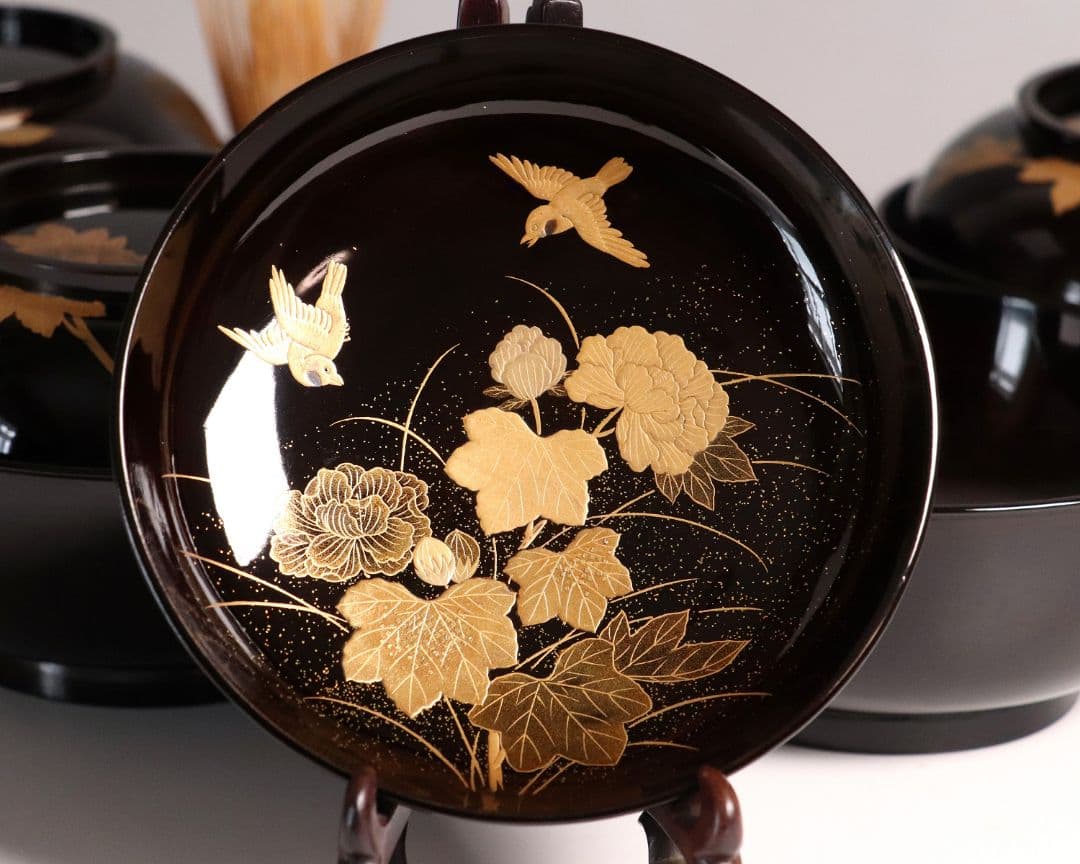 CL82 時代 加賀蒔絵 花鳥金蒔絵 黒塗椀 五客 雀 芙蓉 牡丹 梨地