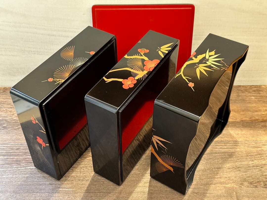 【未使用】会津塗 木製漆器 重箱 3段 松竹梅柄