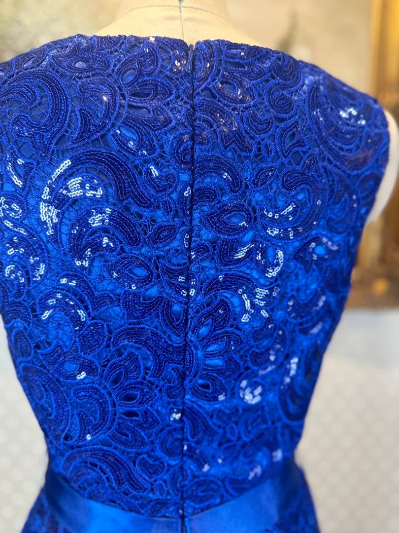 青色レーススパンコール刺繍マーメイドドレス ウエストリボン付き