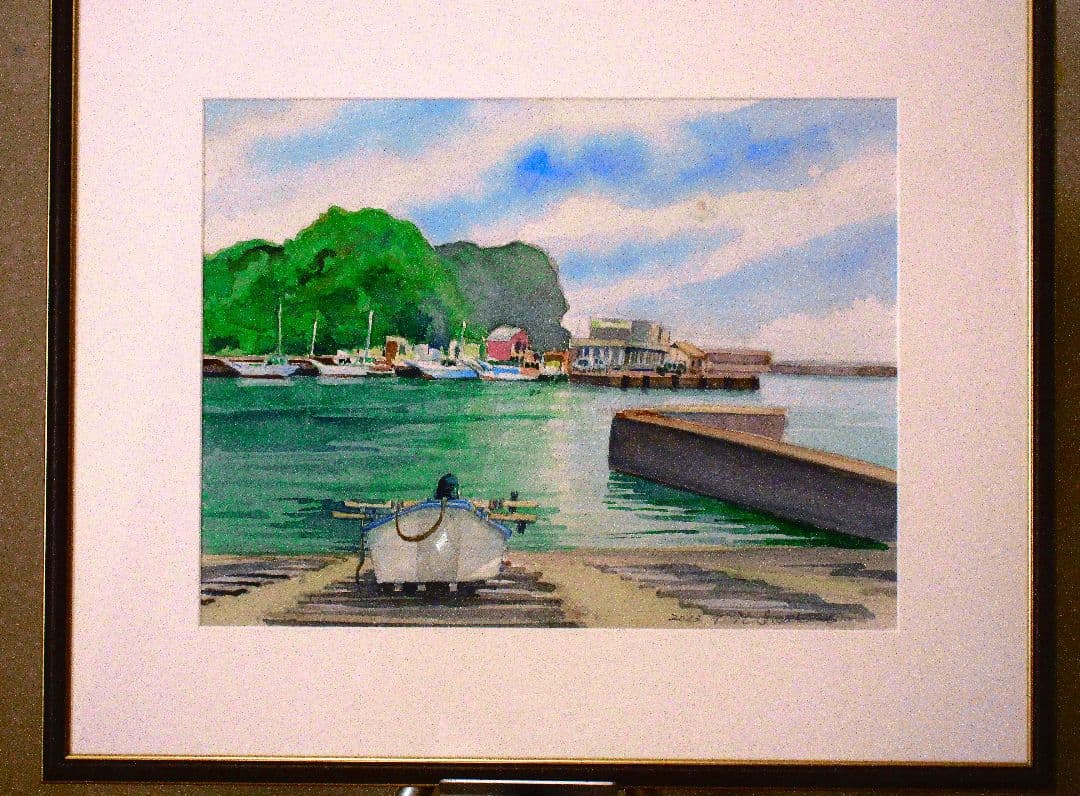 港の風景 水彩画 フレーム付き 原画 F6サイズ