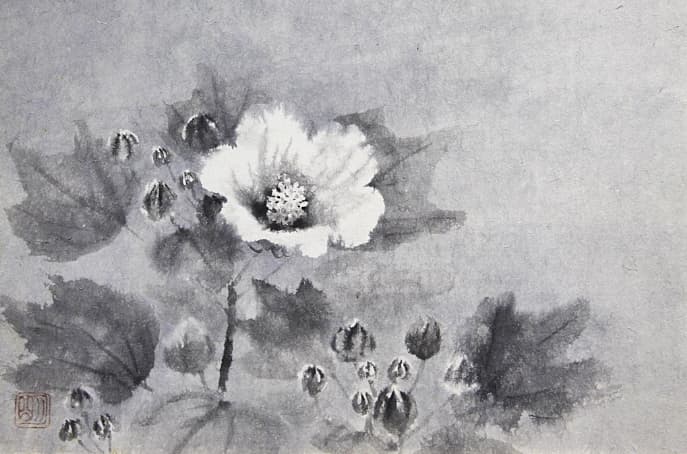 穐月明【芙蓉花】 水墨画 6号 共シール有り 穐月明【芙蓉花】 水墨画 6号 共シール有り