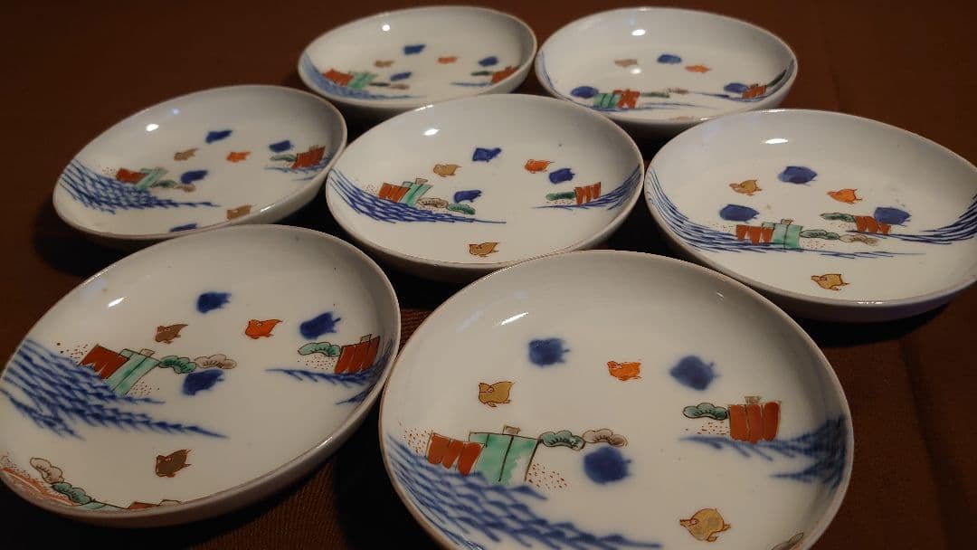 古伊万里　伊万里　波千鳥　色絵　アンティーク伊万里　菓子皿　希少図柄　蔵出　７客