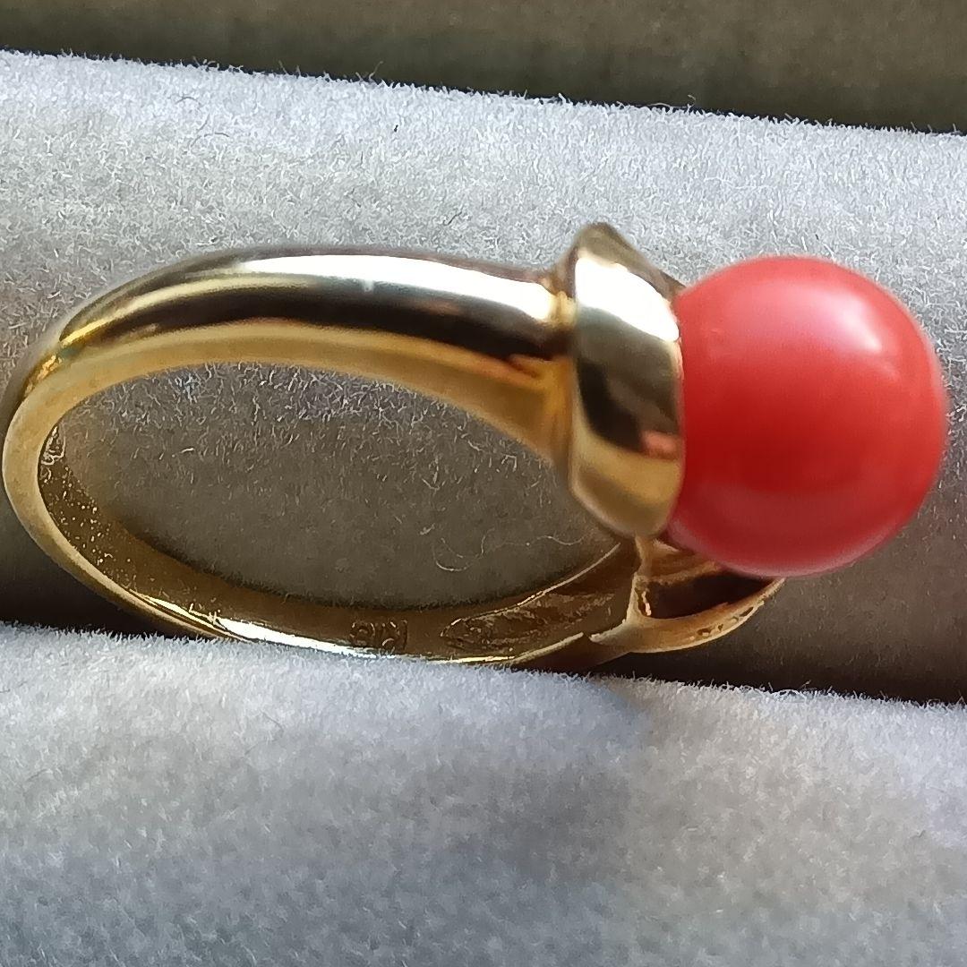 赤サンゴ珊瑚径８ミリ付　リングK１８　内径約１６mm重量合計４.６g