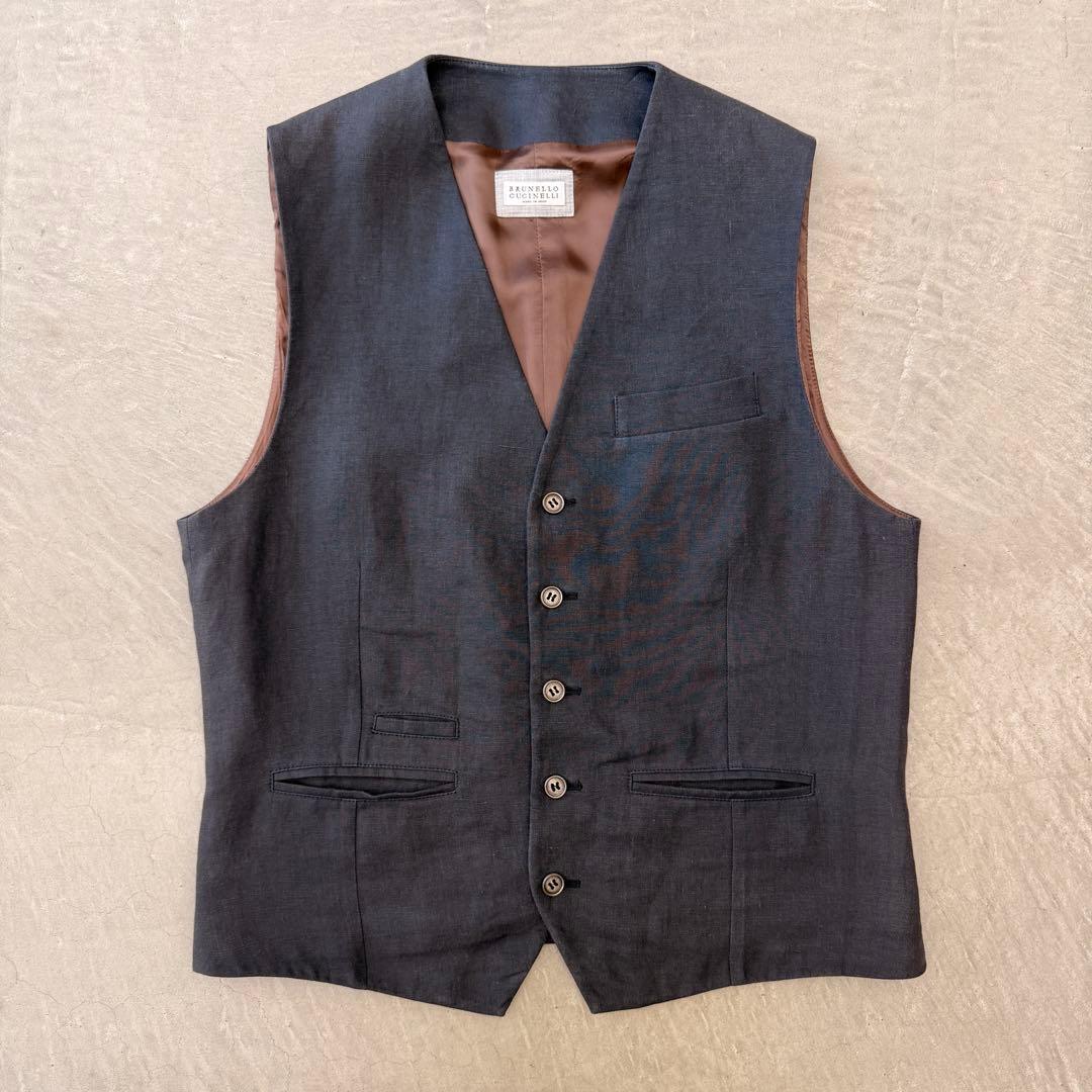 美品】 ブルネロクチネリ ベスト リネン ネイビー 48 ジレ リネン