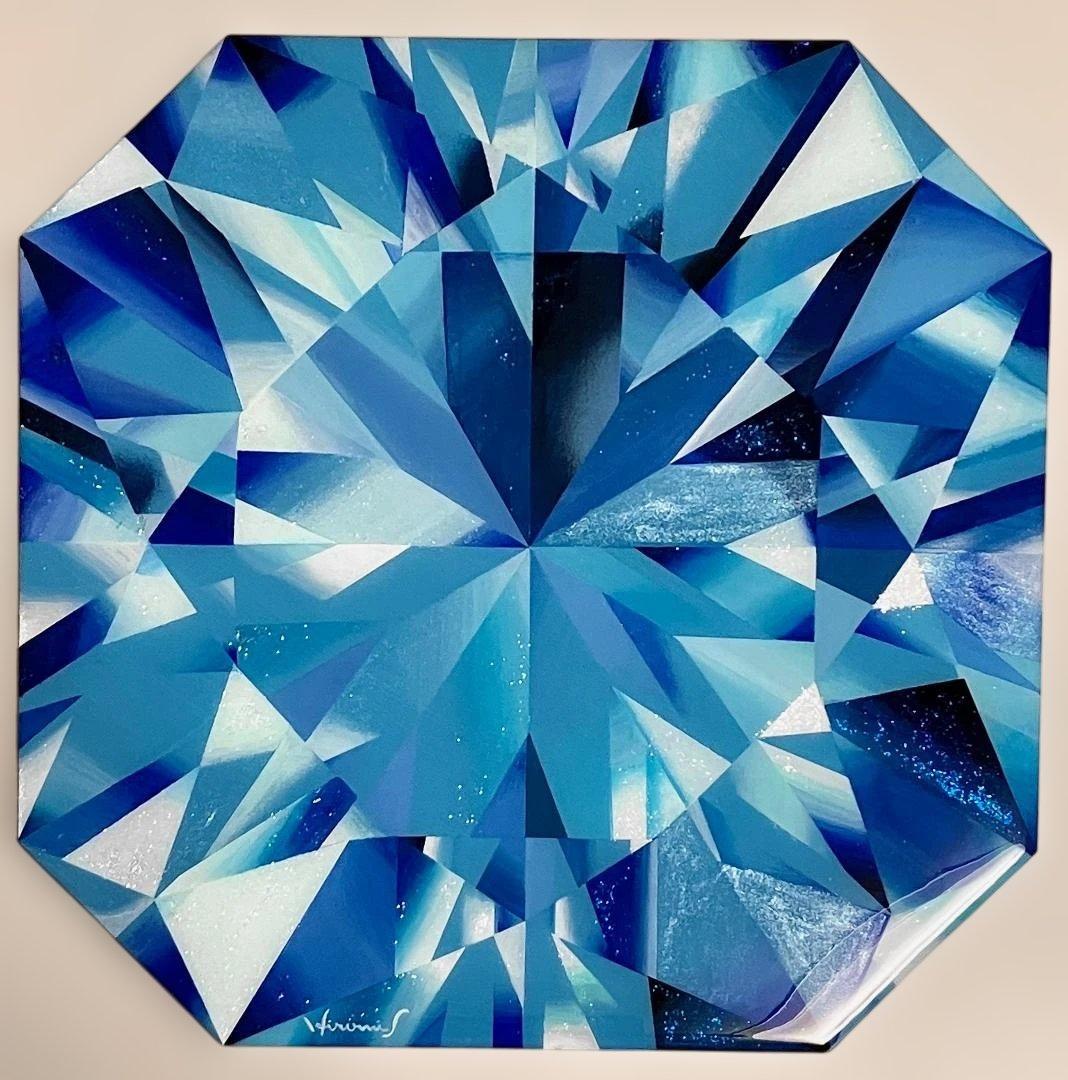 絵画 ハンドメイド レジンコート 創作一点物 クールダウン 青色 八角形