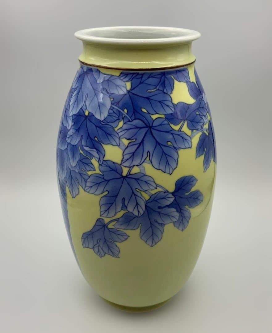 真葛香山 宮川香山 黄釉 青華 梧桐画 花瓶 共箱