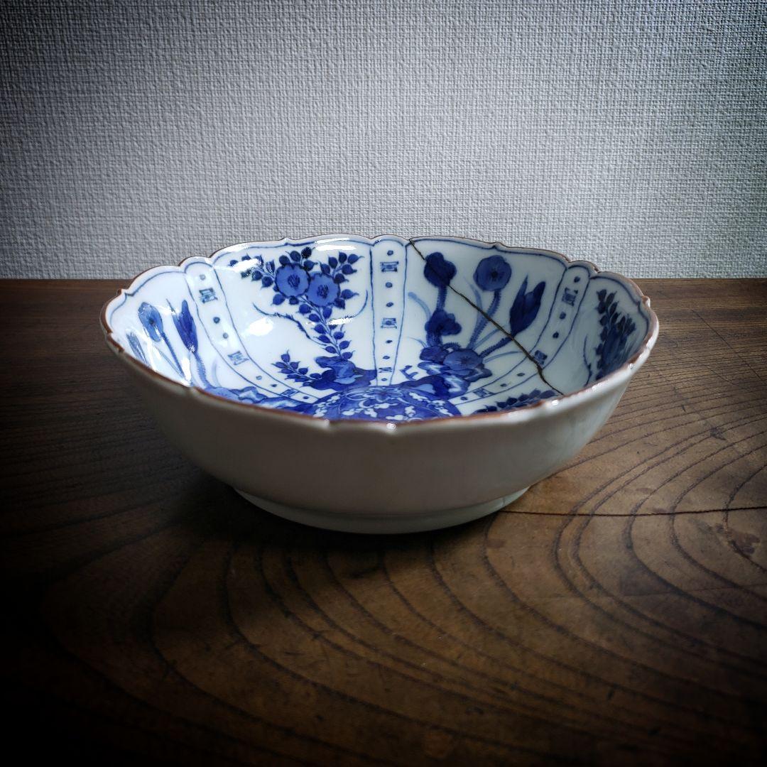 古伊万里　染付　なます皿　芙蓉手　花図　花唐草　ロ号　浅鉢　訳あり　漆継ぎ