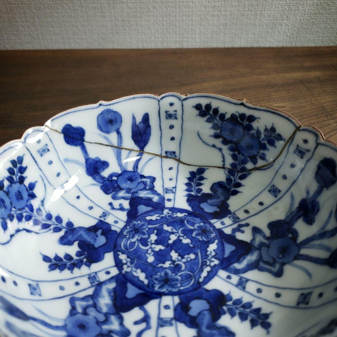 古伊万里　染付　なます皿　芙蓉手　花図　花唐草　ロ号　浅鉢　訳あり　漆継ぎ