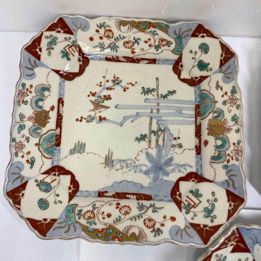 古伊万里　染錦大皿　三ツ組　共箱　タニト　東さ7-0327①