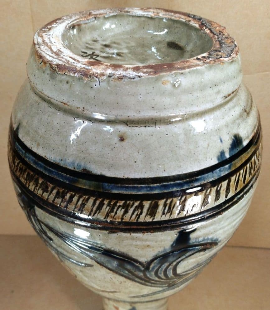 読谷初期【本物保証】金城次郎 魚紋花瓶 共箱 本人書付 h33㎝超 栞 人間国宝