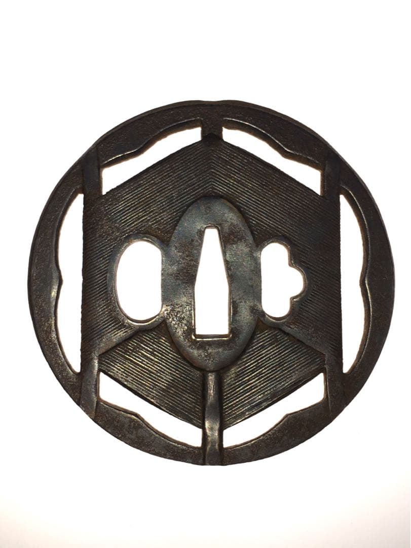 S12六角透かし鉄鍔・大小鍔一対 木箱付 武具・刀装具