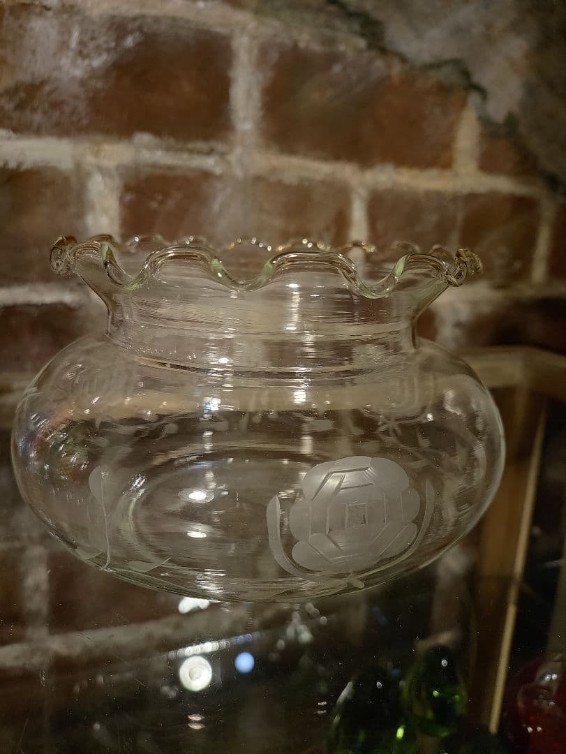 大正ガラス 吹きガラスのブルー足つき金魚鉢 - 生活骨董と古布の