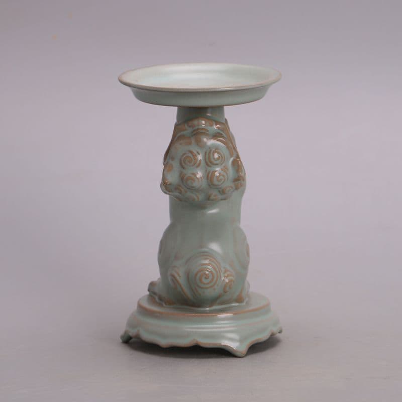 宋汝窯青釉鉄胎獅子油灯  装飾品 現代工芸品 美術品 置物