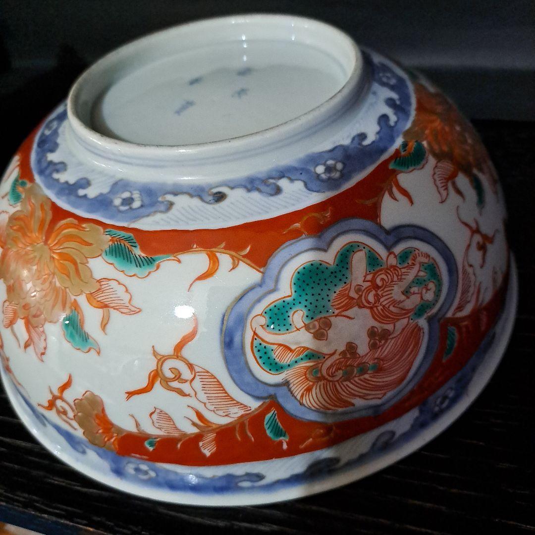 江戸中期　赤絵金彩　染錦　７寸中鉢　富貴長春　花窓 獅子図