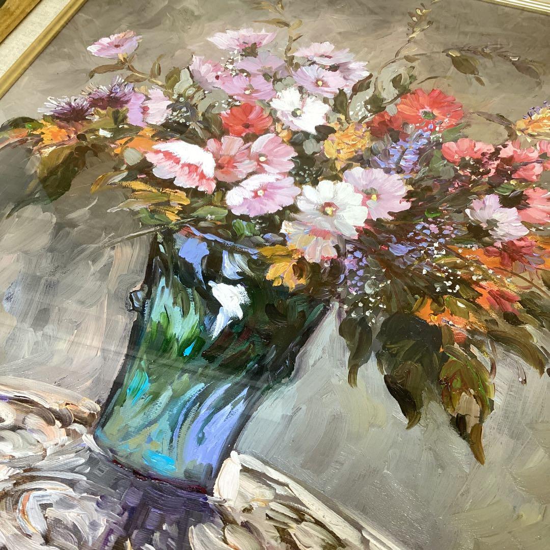 絵画　油絵　花瓶　花　額入　華やか　ゴージャス　インテリア　アート　c-92