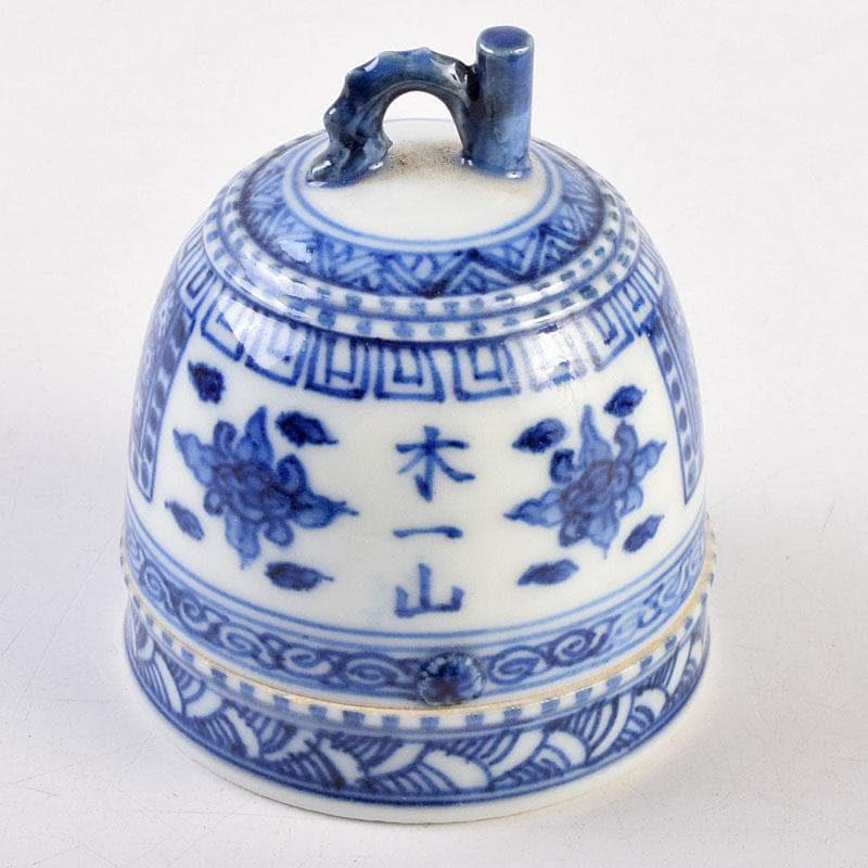 九谷焼　九谷清々軒　矢口永寿造　染付　花文　鐘香合　共箱　V　R9194