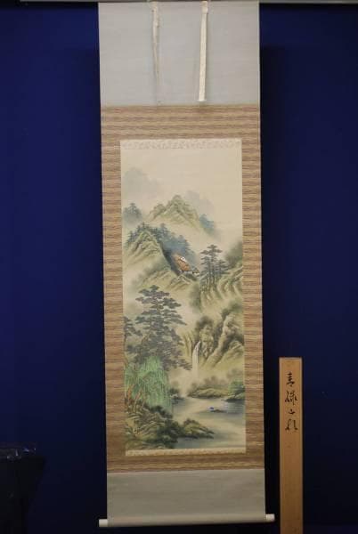 真作/耕/青緑山家図/桐共箱付/布袋屋掛軸HD-86