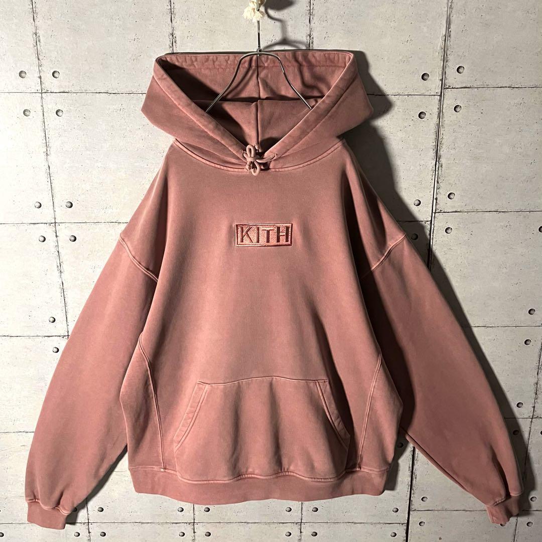 【鬼レア】KITHキス☆刺繍ボックスロゴ スウェットパーカーLウォッシュ加工