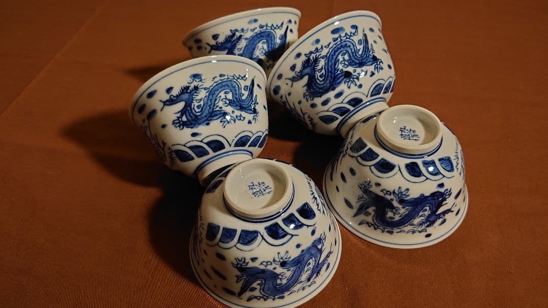 李朝　古伊万里　伊万里　白磁　染付　龍の図　蔵出し　５客