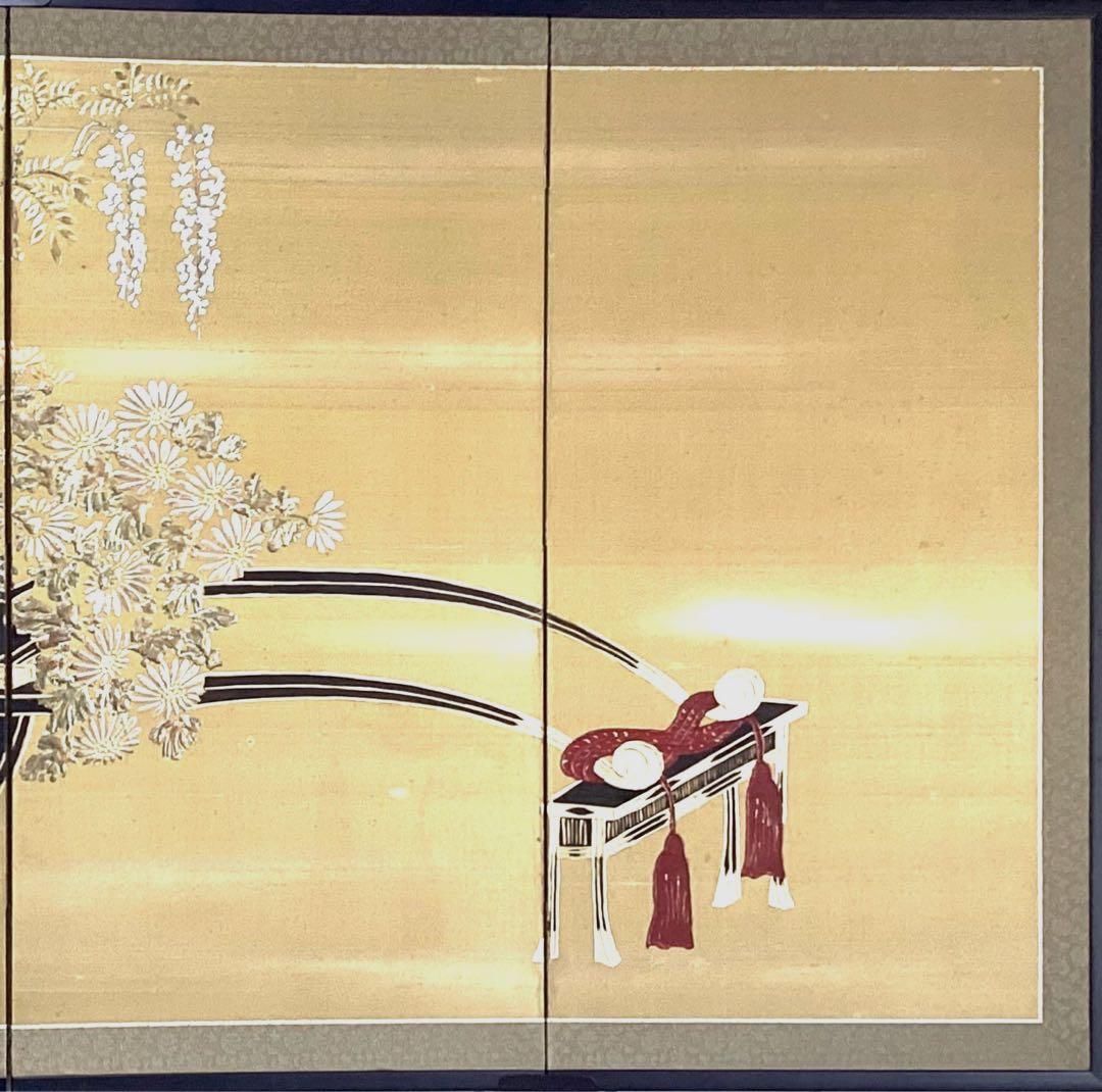 四つ折り屏風 日本画 金箔彩色 『花車』