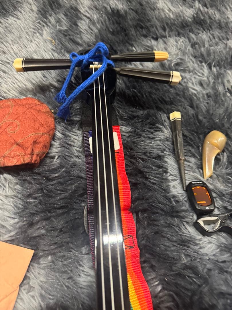 【極美品】沖縄 三線 本蛇革 強化張り 黒塗り棹 蛇皮 ケース 爪 調子笛