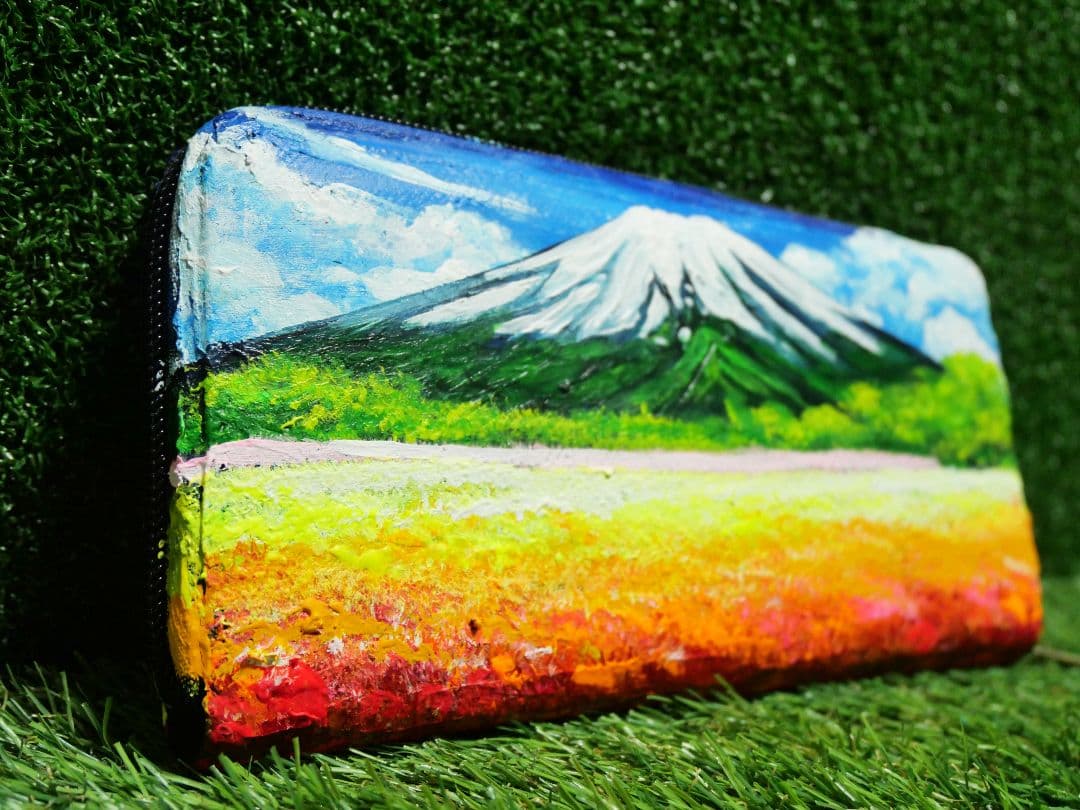 油絵 絵画　長財布【お花畑と満月の富士山】