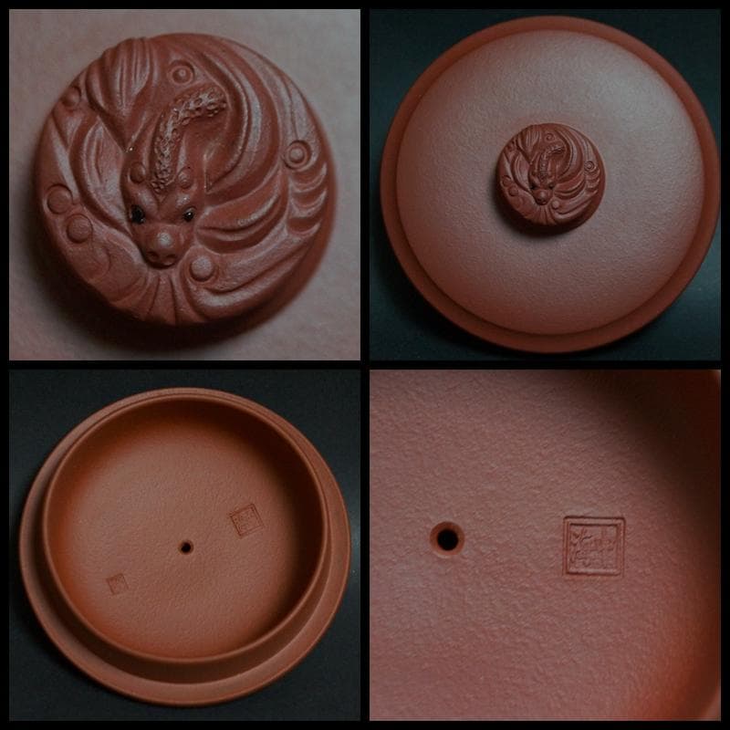 工芸美術師 許海中造 朱泥茶器 細密彫『山水風景図』蓋/持ち