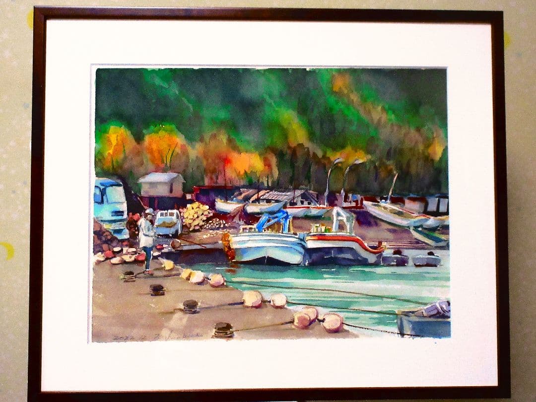 [萌えるような秋 の風景]水彩画 木製フレーム付き