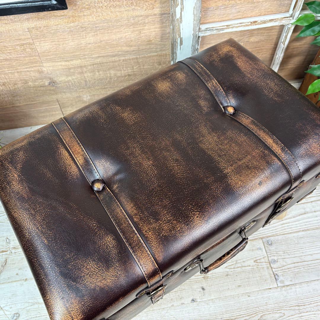 アンティーク調トランク型収納ケース付きレザーベンチスツール木製足オットマン椅子