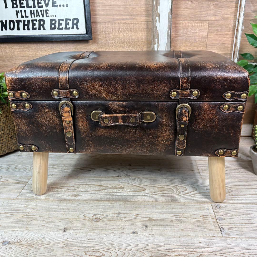 アンティーク調トランク型収納ケース付きレザーベンチスツール木製足オットマン椅子