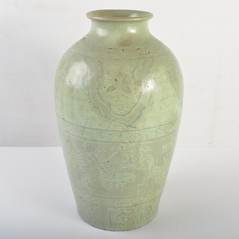 朝鮮美術　李朝　高麗青磁　象嵌龍文瓶　M　R7353B