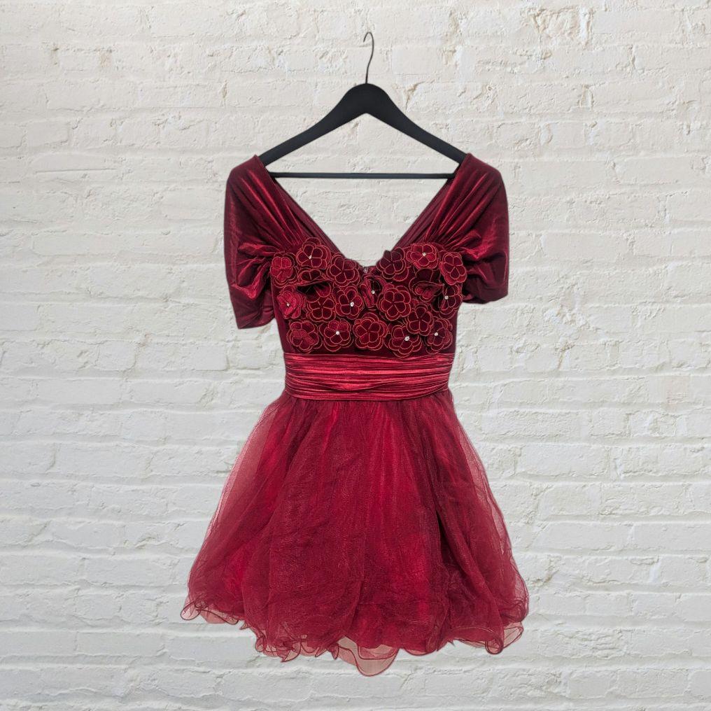 M レッド ミニドレス オフショル フレア Aライン ベロア シフォン ウエスト