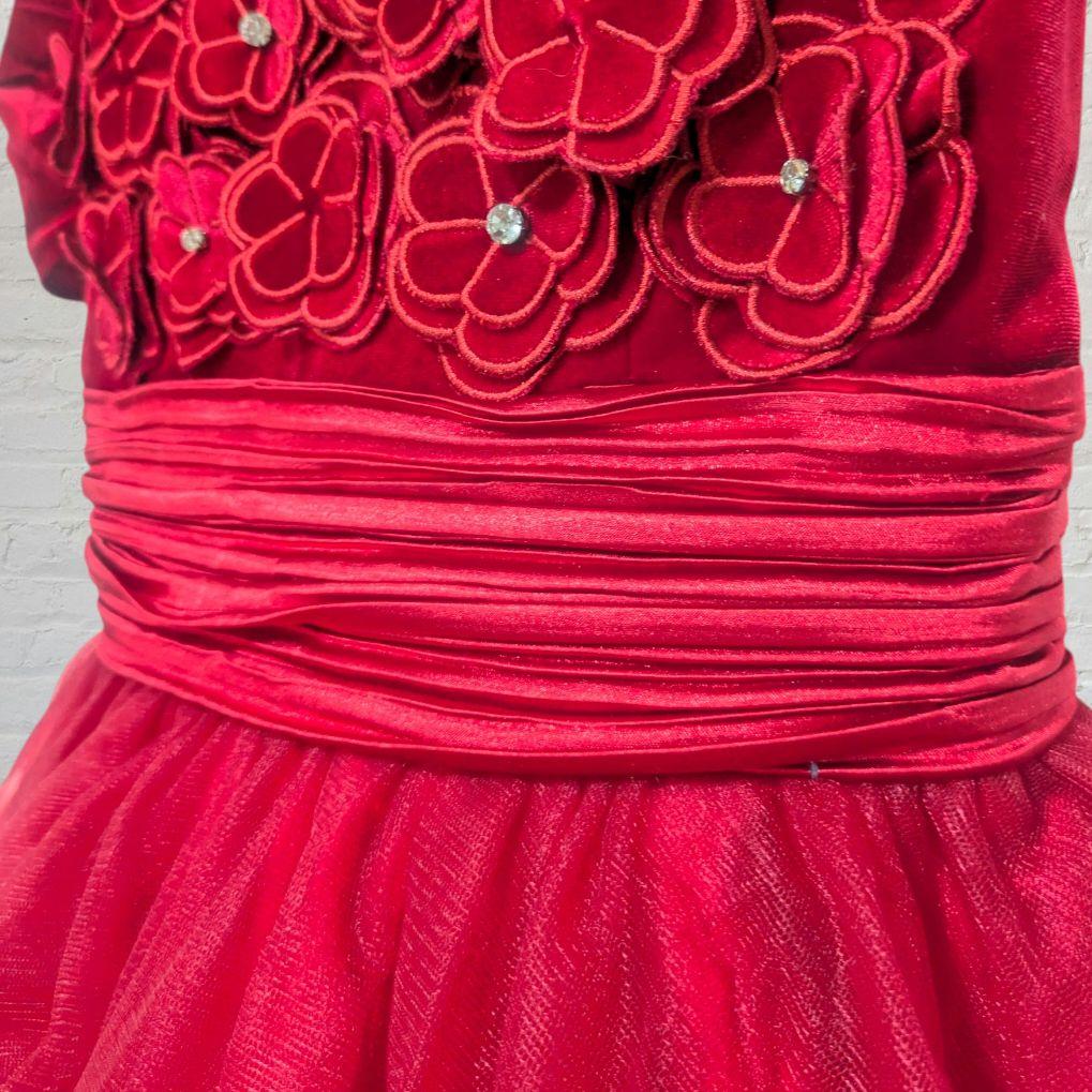 M レッド ミニドレス オフショル フレア Aライン ベロア シフォン ウエスト