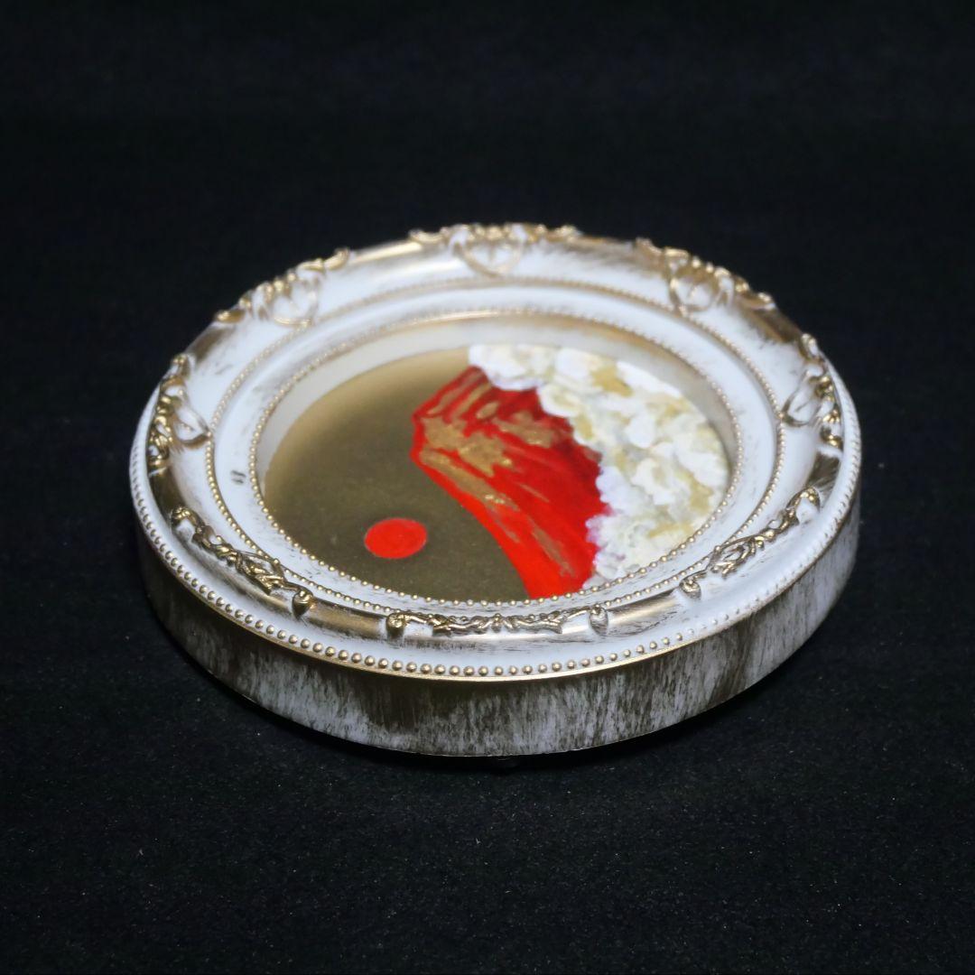 油絵 油彩 油彩画 絵 絵画 円形ミニ絵画 【赤富士】【金】