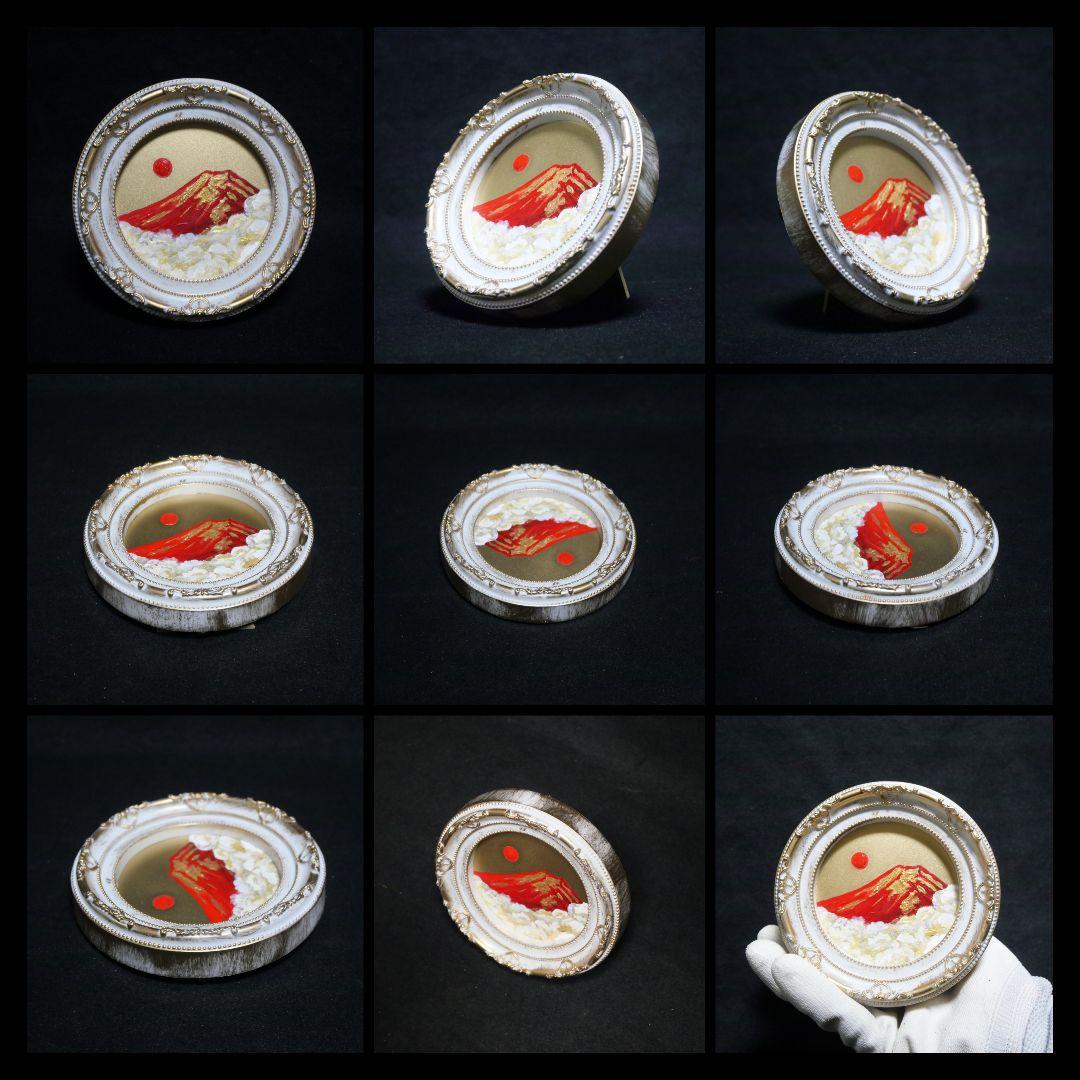 油絵 油彩 油彩画 絵 絵画 円形ミニ絵画 【赤富士】【金】