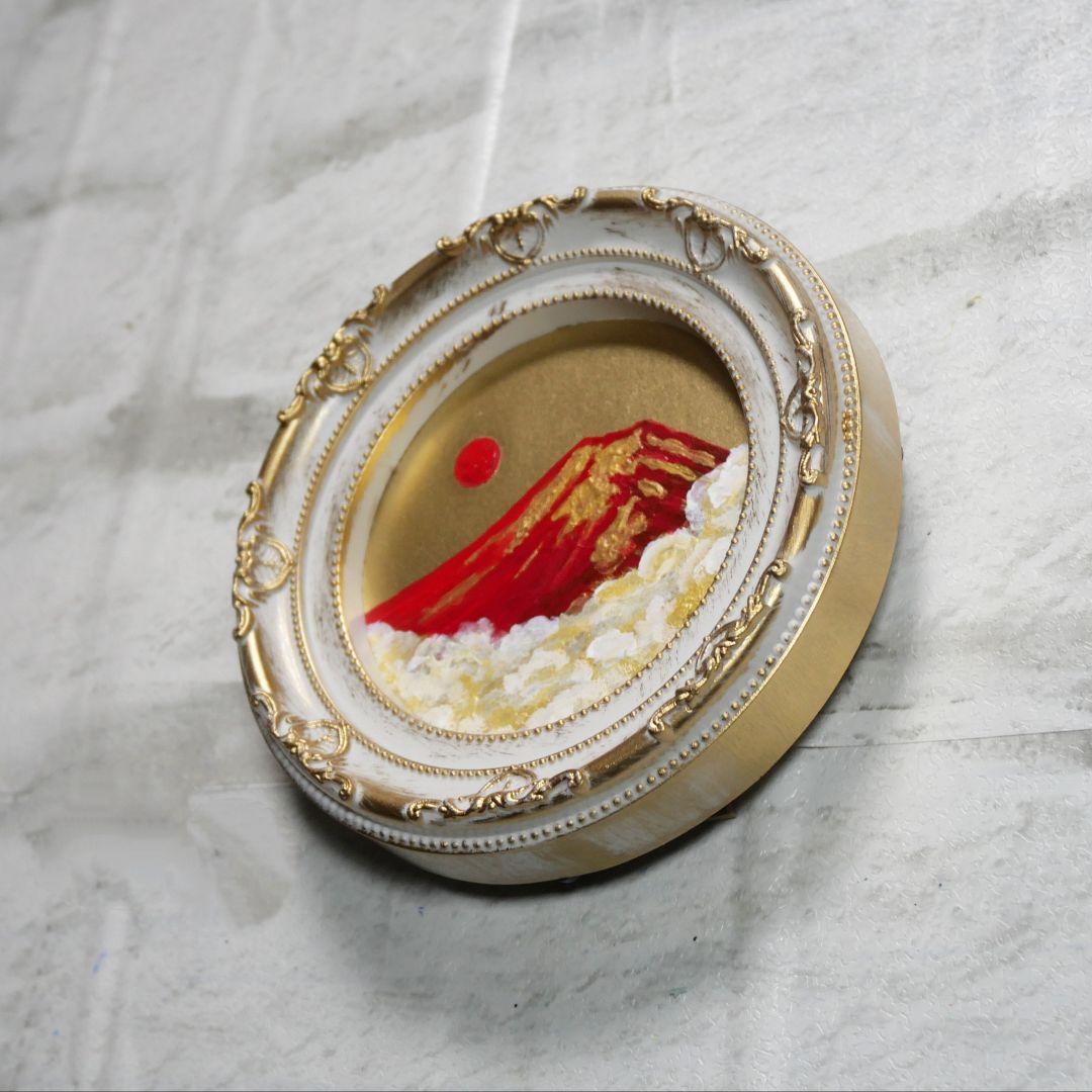 油絵 油彩 油彩画 絵 絵画 円形ミニ絵画 【赤富士】【金】