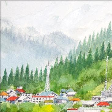 絵画「朝霧晴れて～ 飛騨川の清流」　水彩画