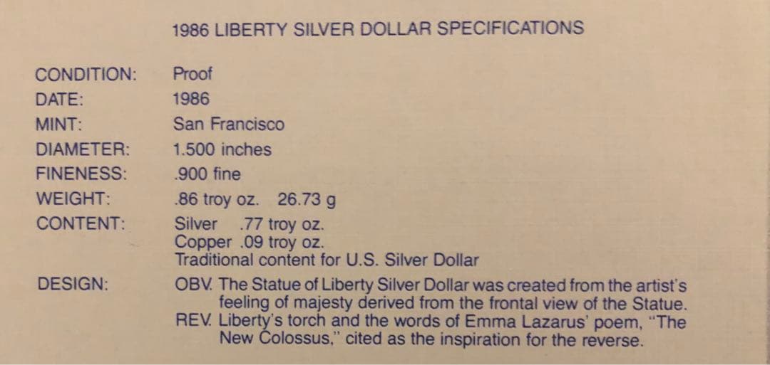 1986年 アメリカ100周年　自由の女神　プルーフ銀貨セット