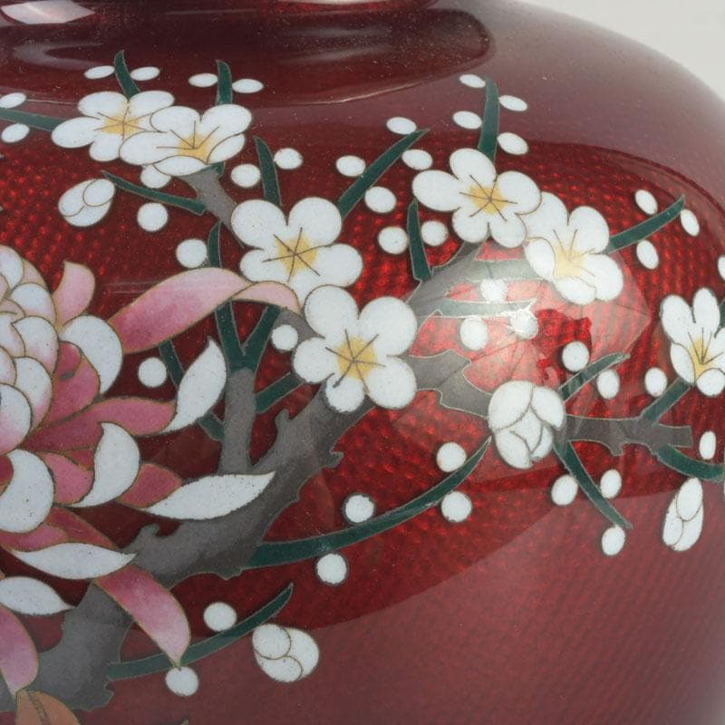 七宝焼 尾張佐藤七宝店謹製 赤透釉 四君子文 花瓶 V 9310