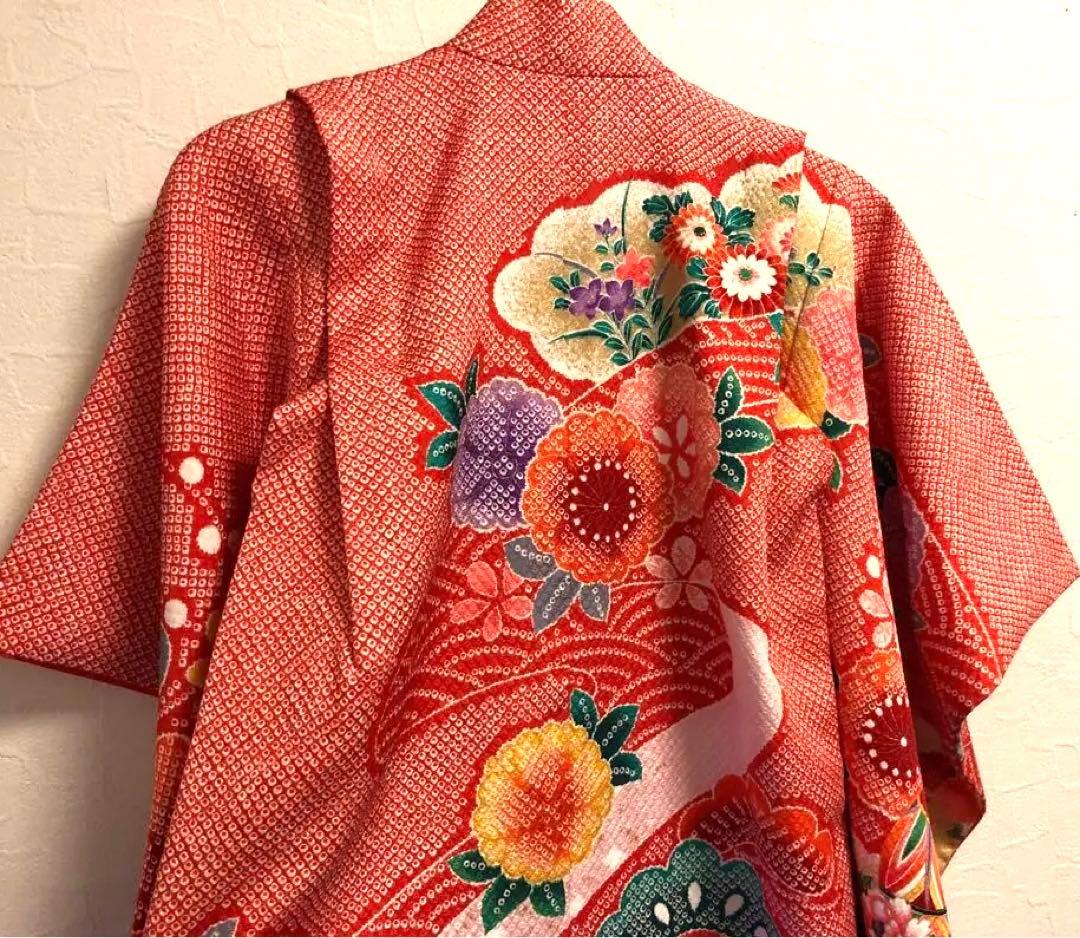 美品　絞り柄　赤　花柄　着物 七五三　7歳　女の子