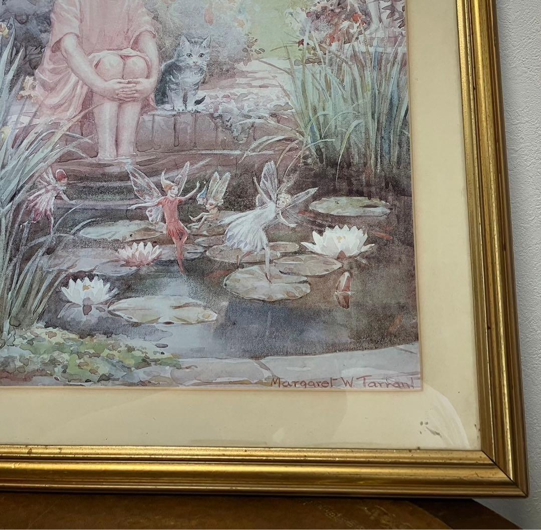 スコットランド製マーガレットタラント少女猫妖精水彩複製画額付きの