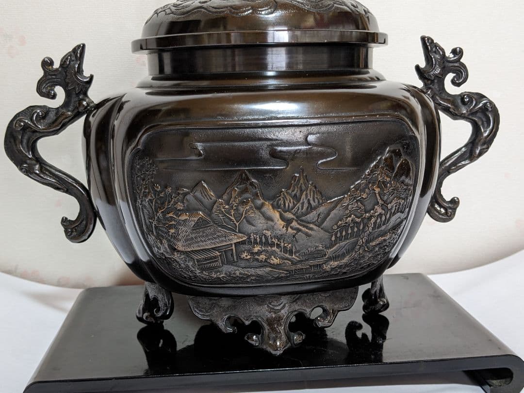 ♦香道具 獅子飾り 山水瓔珞紋様 龍双耳阿古柁形 大香炉 高岡銅器 高さ27cm