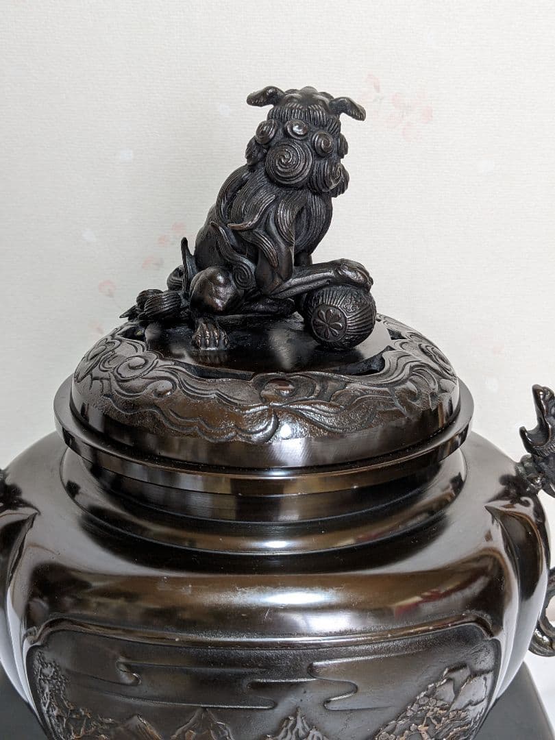 ♦香道具 獅子飾り 山水瓔珞紋様 龍双耳阿古柁形 大香炉 高岡銅器 高さ27cm