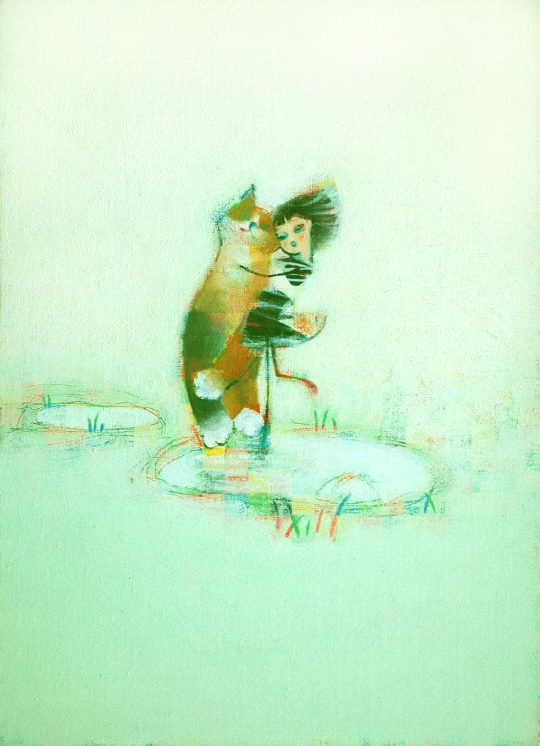 油絵 菅家令子 絵 絵画インテリア額付(銀) F4-072719 子猫女の子