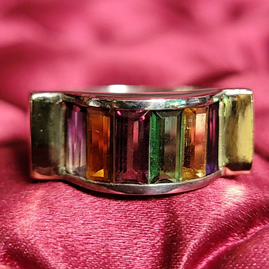 ビンテージ マルチストーンのゴールド切り替えシルバーリング 約14.5号