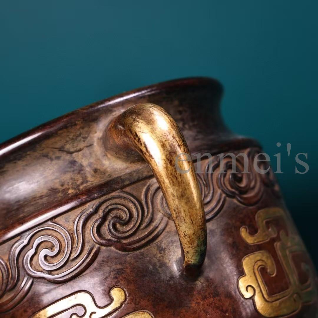 中国古美術・旧蔵純紫銅製・高浮彫鎏金香炉・純手作り・三本脚・置物・仏具・文房具