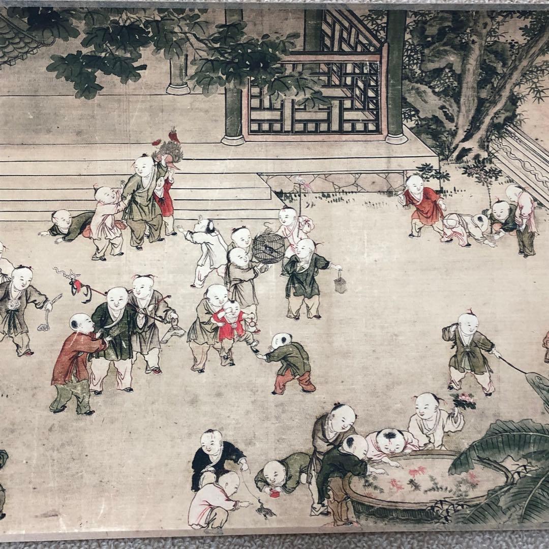 名家 冷枚　百子図 巻き絵 三希堂 御書房 乾隆皇帝印218cm *30cm