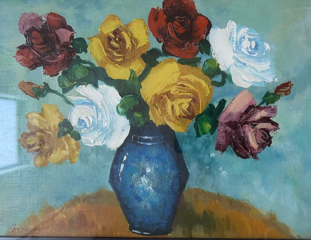 油絵 真作 バラ 美紀子