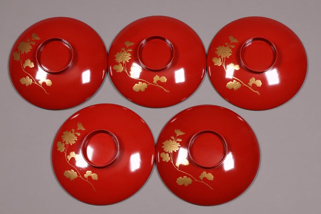 CM243】時代木製漆器 桐鳳凰・菊 金蒔絵 朱塗 引盃 五客 木製